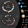 Pair of natural stone beaded bracelets with zodiac charms on a wrist, showing adjustable design.