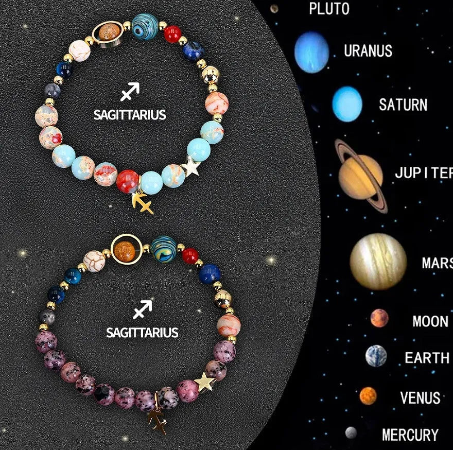 Pair of natural stone beaded bracelets with zodiac charms on a wrist, showing adjustable design.