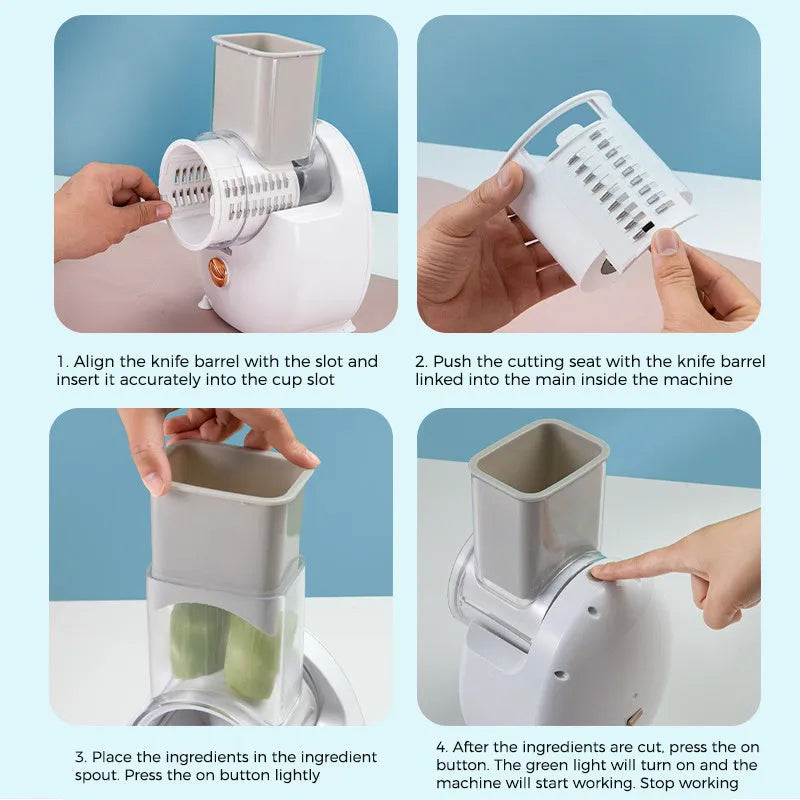 White electric vegetable slicer with rotary grater, feeding port, and three blade pairs on kitchen counter