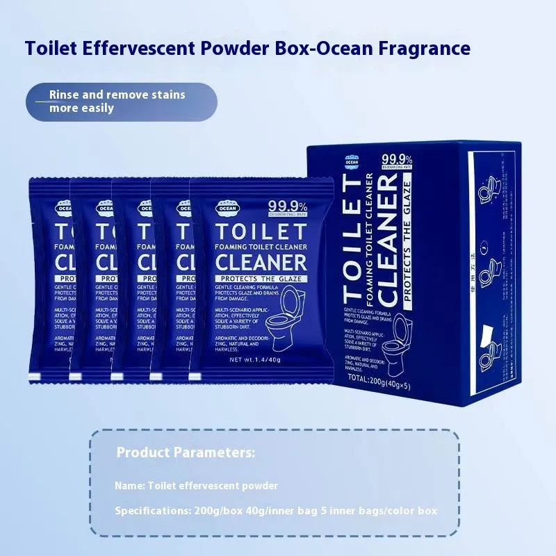 Toilet bubble powder cleaning product in blue ocean and pink floral fragrance variants