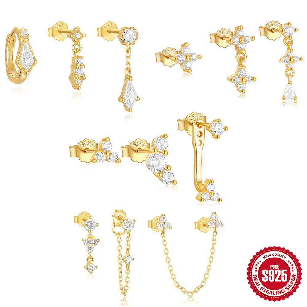 S925 sterling silver geometric zircon tassel earring set showing four gold-plated colour variations
