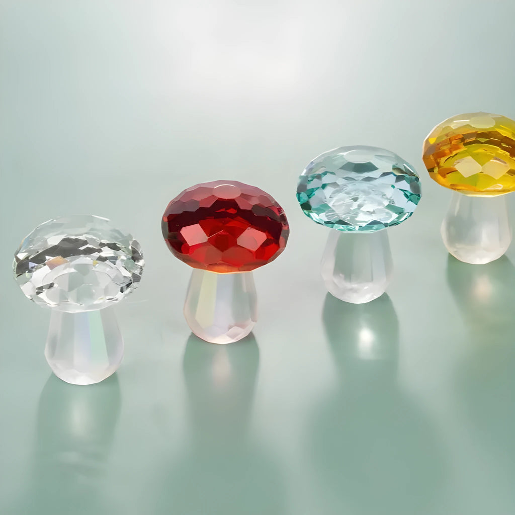 Colourful white crystal mushroom decoration in geometric modern style, 40mm by 53mm.