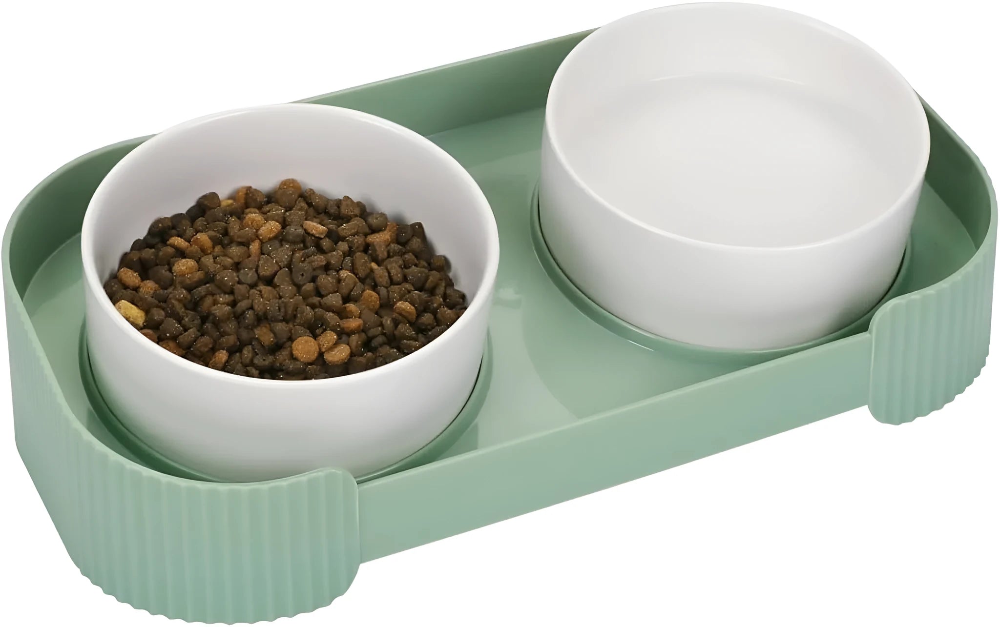 Green ceramic raised cat bowl set with two tilted bowls on a non-slip base