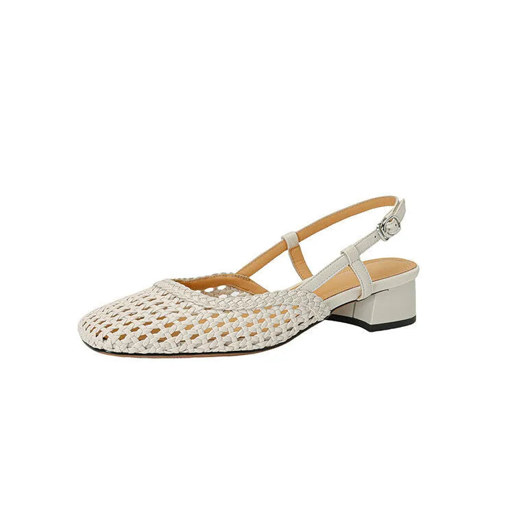 Women's beige woven hollow-out sandals with closed toe, chunky 4cm heel, and ankle buckle strap on a white background.