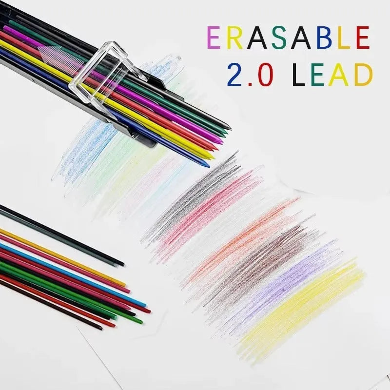 Box containing 12 rainbow-coloured mechanical pencil leads for drawing and replacement use