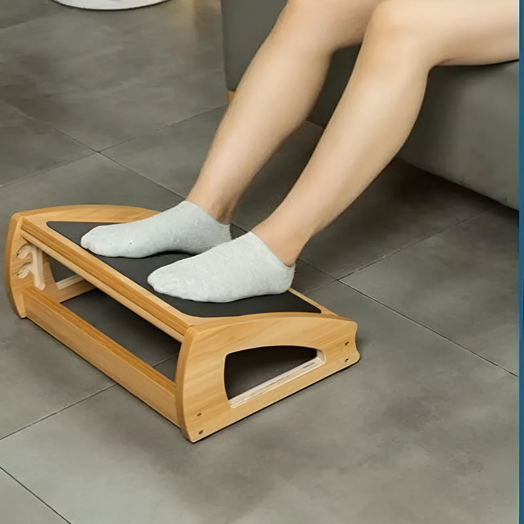 Solid wooden bamboo office desk footstool in natural wood colour, modern style.