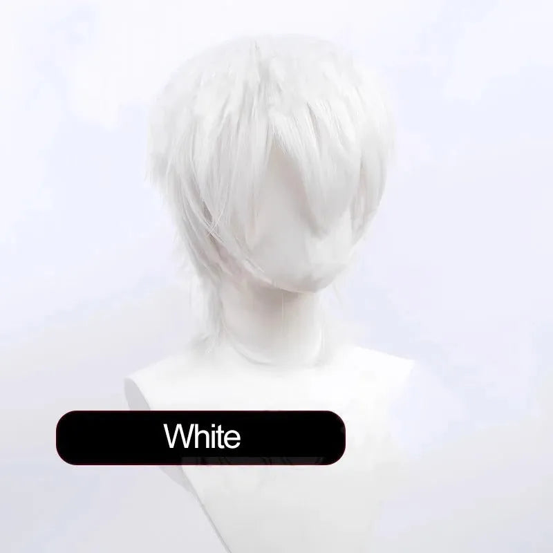 Short anime-style cosplay wig for men in high-temperature fibre with a lengthened hair tail.