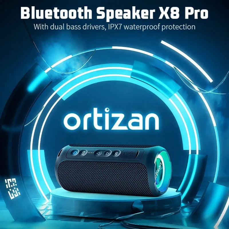 Black and blue fabric wireless Bluetooth speaker with multi-colour lighting and waterproof outdoor design
