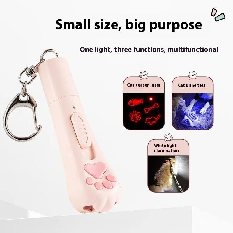 Cat pen light charging toy with teaser wand in cream white, pink or blue plastic