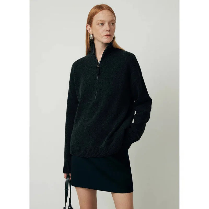 Women's loose lapel bandage dress top in wool blend, long sleeve pullover in black or grey