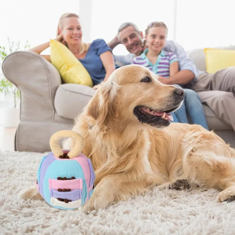 Green and pink polyester squeaky plush ball dog toy with treat pockets for small to medium dogs