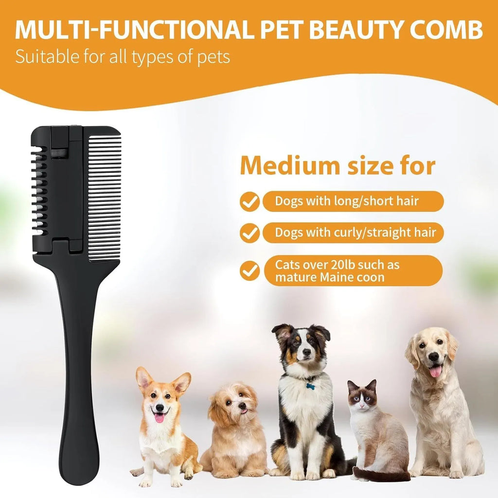 A 2-in-1 razor comb and trimmer for grooming dogs and cats, shown with a pack of 10 replacement blades.