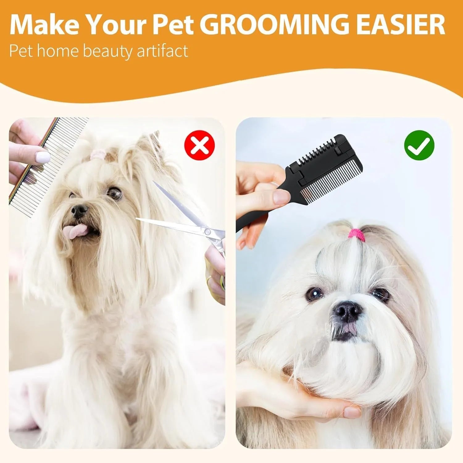 A 2-in-1 razor comb and trimmer for grooming dogs and cats, shown with a pack of 10 replacement blades.