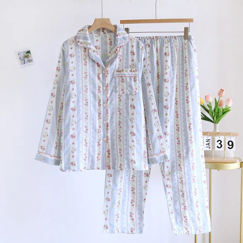 Women's cotton gauze loungewear set with long-sleeved top and trousers in a colour stripes print.