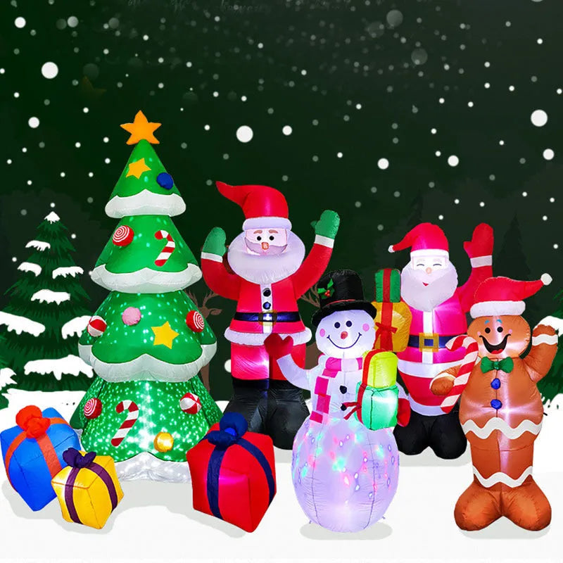 Christmas LED inflatable decoration of a glowing Santa Claus figure in a garden at night