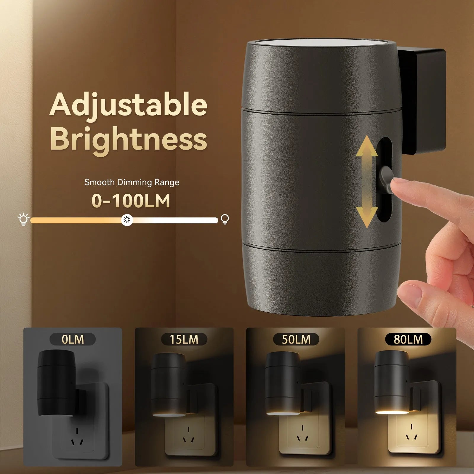 Direct plug night lamp with adjustable brightness control and rotatable head showing compact design