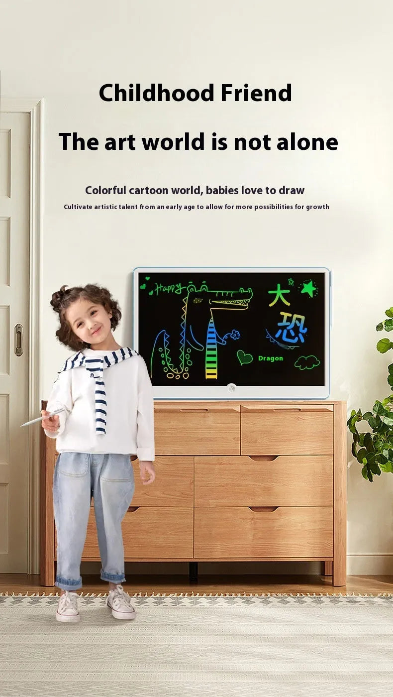 19-inch rechargeable LCD children's drawing board shown in blue and white colour scheme on a table.