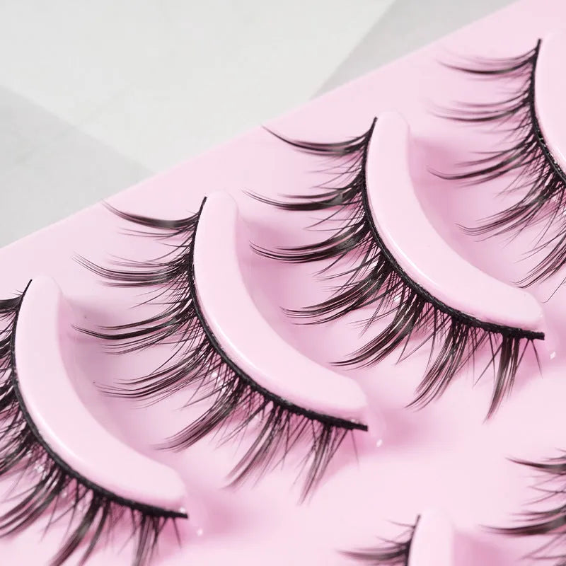 Five pairs of manga style false eyelashes with natural wispy design for anime cosplay and Korean makeup applications