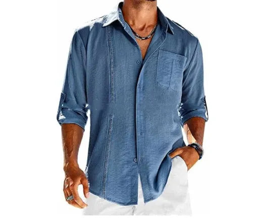 Men's solid colour long sleeve casual shirt with button front, polo collar, and chest pocket.