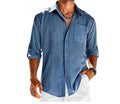 Men's solid colour long sleeve casual shirt with button front, polo collar, and chest pocket.