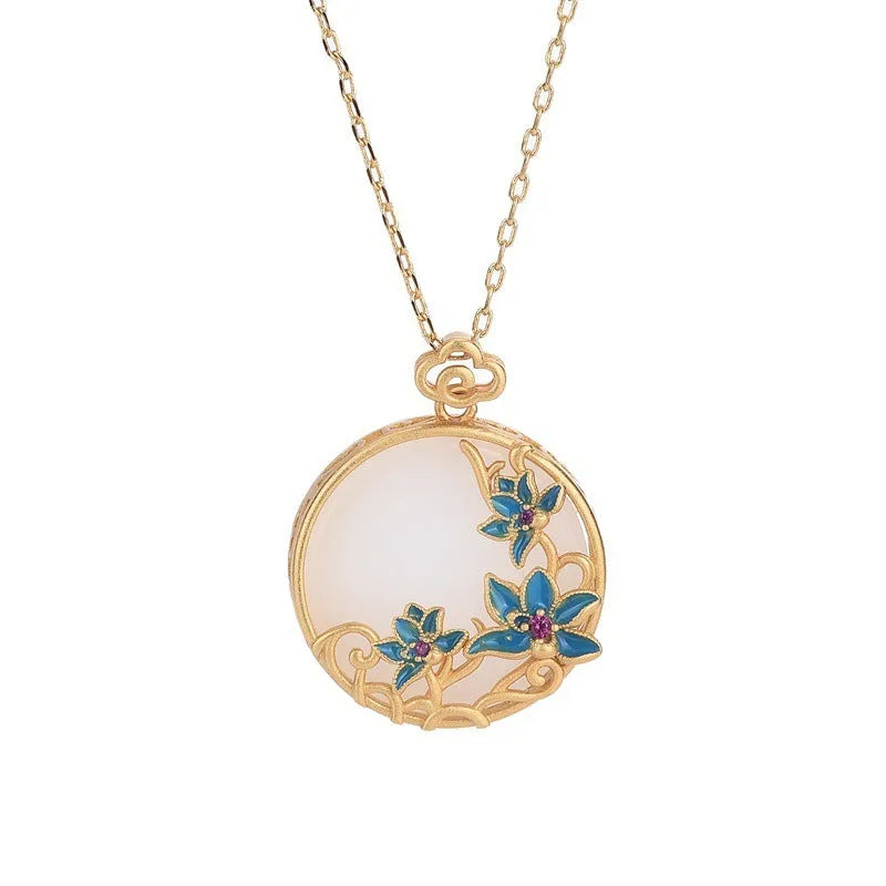Gold-plated Hetian jade peace buckle necklace on woman, O-ring chain, 41-50cm adjustable, mixed gem inlay, retro style