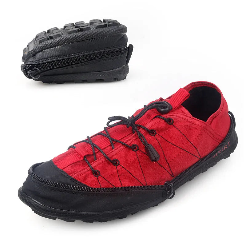 Portable folding outdoor hiking shoes with side zipper and mesh upper in orange colour