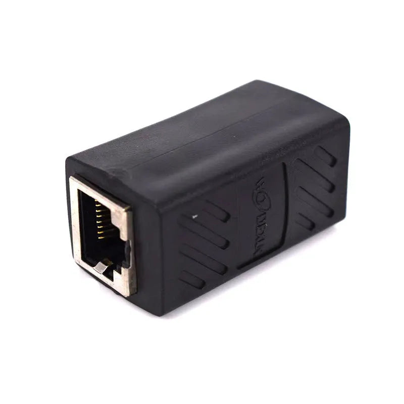 Black RJ45 network cable butt joint extender adapter for Ethernet cable connections.