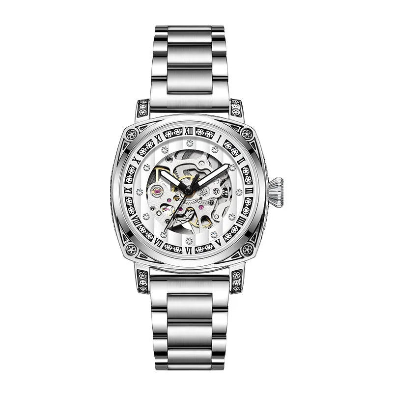 Leather strap mechanical watch with luminous hands in multiple colour options