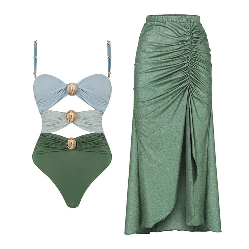 Women's high waist swimsuit set in green one-piece and yellow bikini styles with skirt.