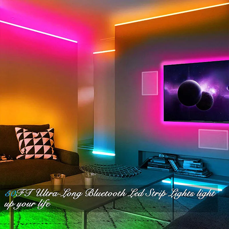 Roll of 5050 RGB LED strip light with a 44-key remote control and power adapter on a white background.