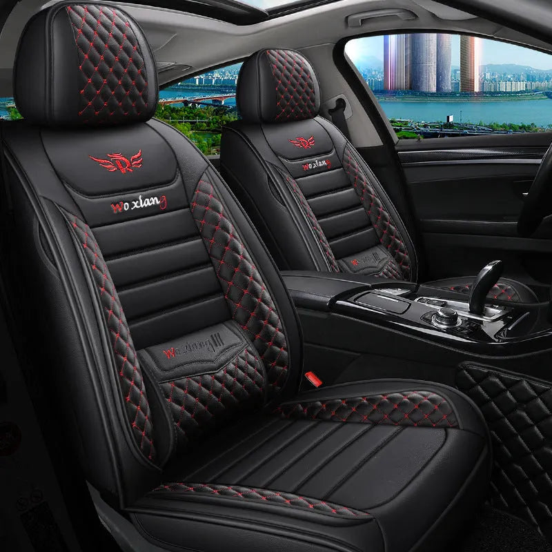 A universal car seat cushion with a leather exterior, shown in a red colour option.