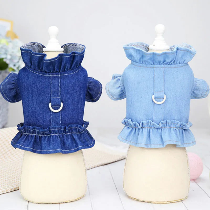 Blue denim dog dress with ruffle trim and back leash hook on a model dog