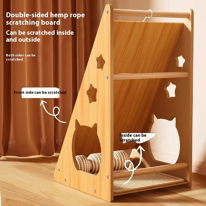 Vertical wall-mounted cat scratching board with sisal surface, hemp rope elements, and attached teasing ball