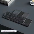 Black folding Bluetooth keyboard for mobile phones and tablets showing folded and unfolded positions