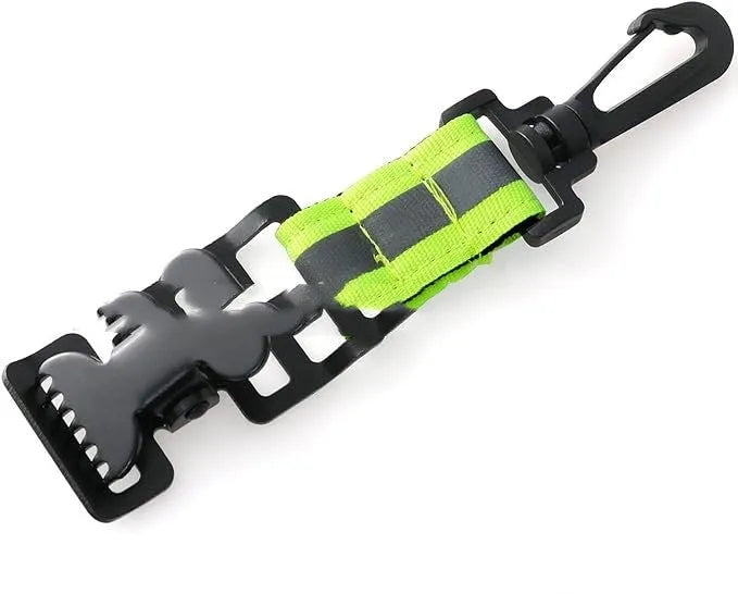 Fluorescent green metal buckle safety clip for organising gloves on industrial gear.