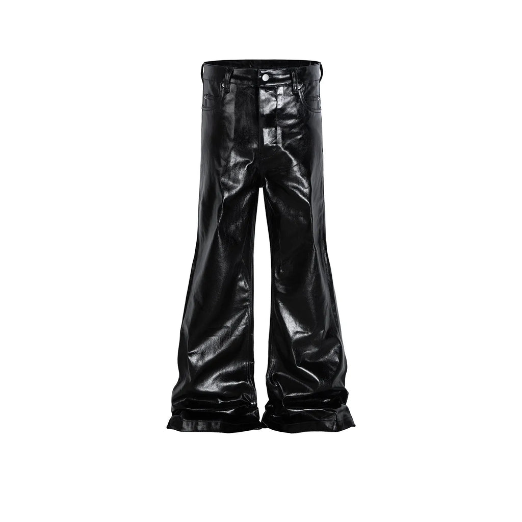 Black patent leather coated skinny jeans with straight leg silhouette and mid waist design