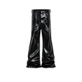Black patent leather coated skinny jeans with straight leg silhouette and mid waist design