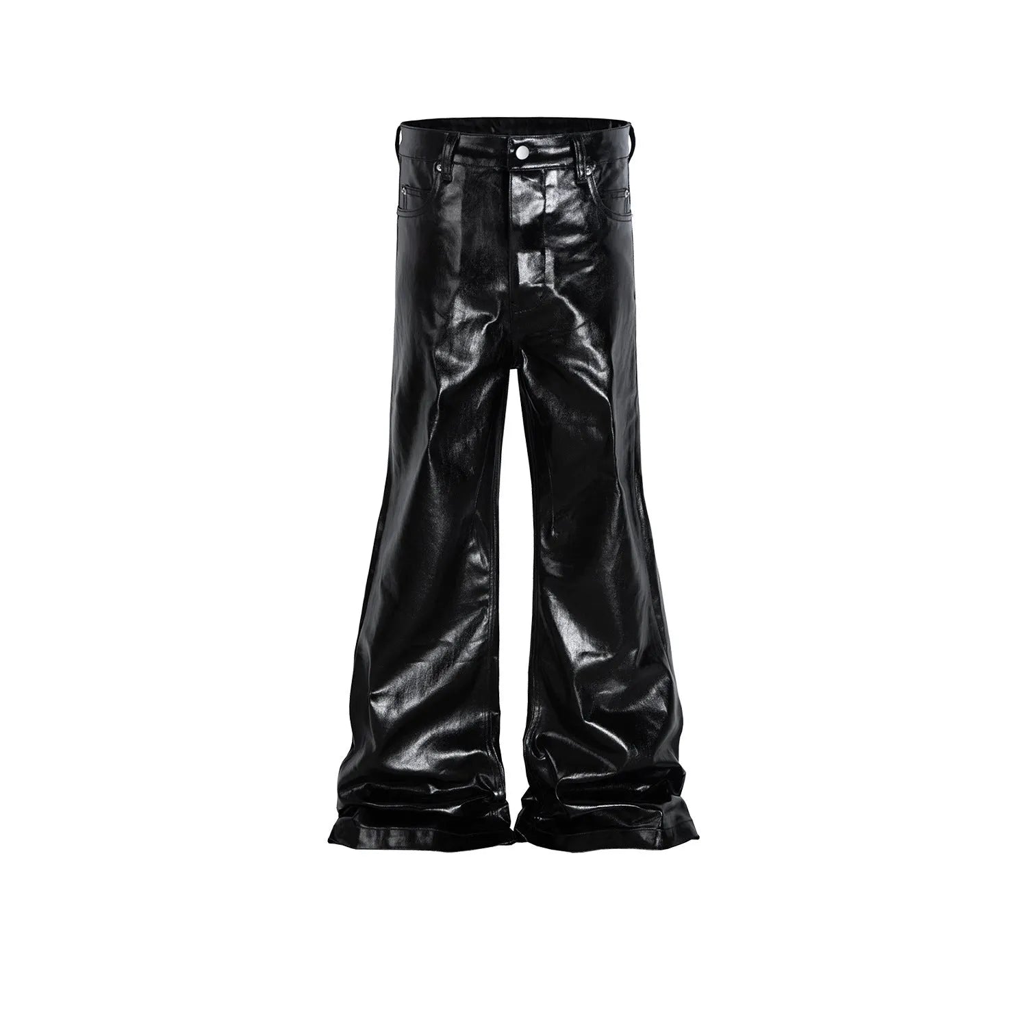 Black patent leather coated skinny jeans with straight leg silhouette and mid waist design