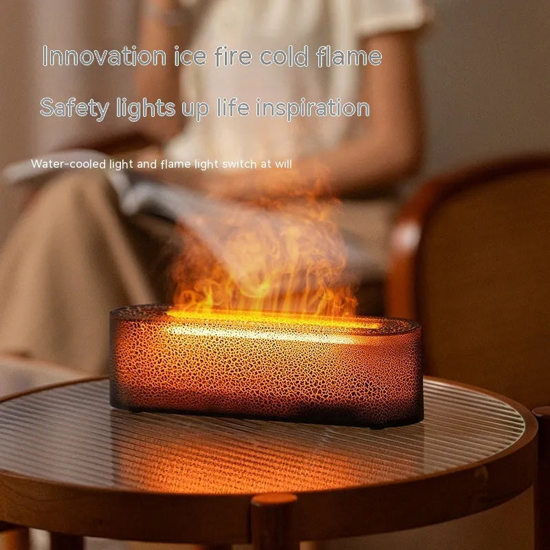 Creative square lava flame aroma diffuser and humidifier in black on a desktop with USB cable.