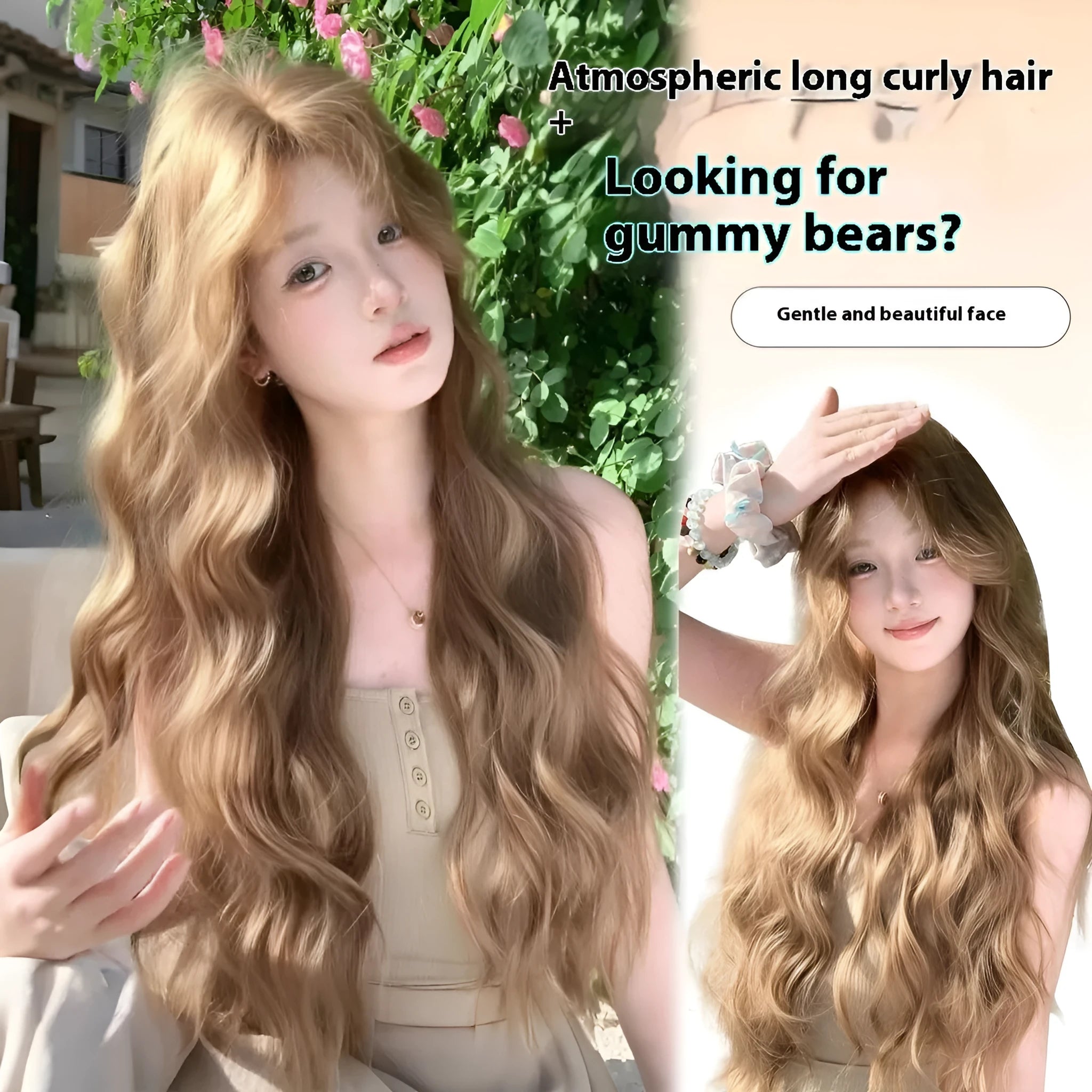 Linen brown medium length curly synthetic wig with hair net on display