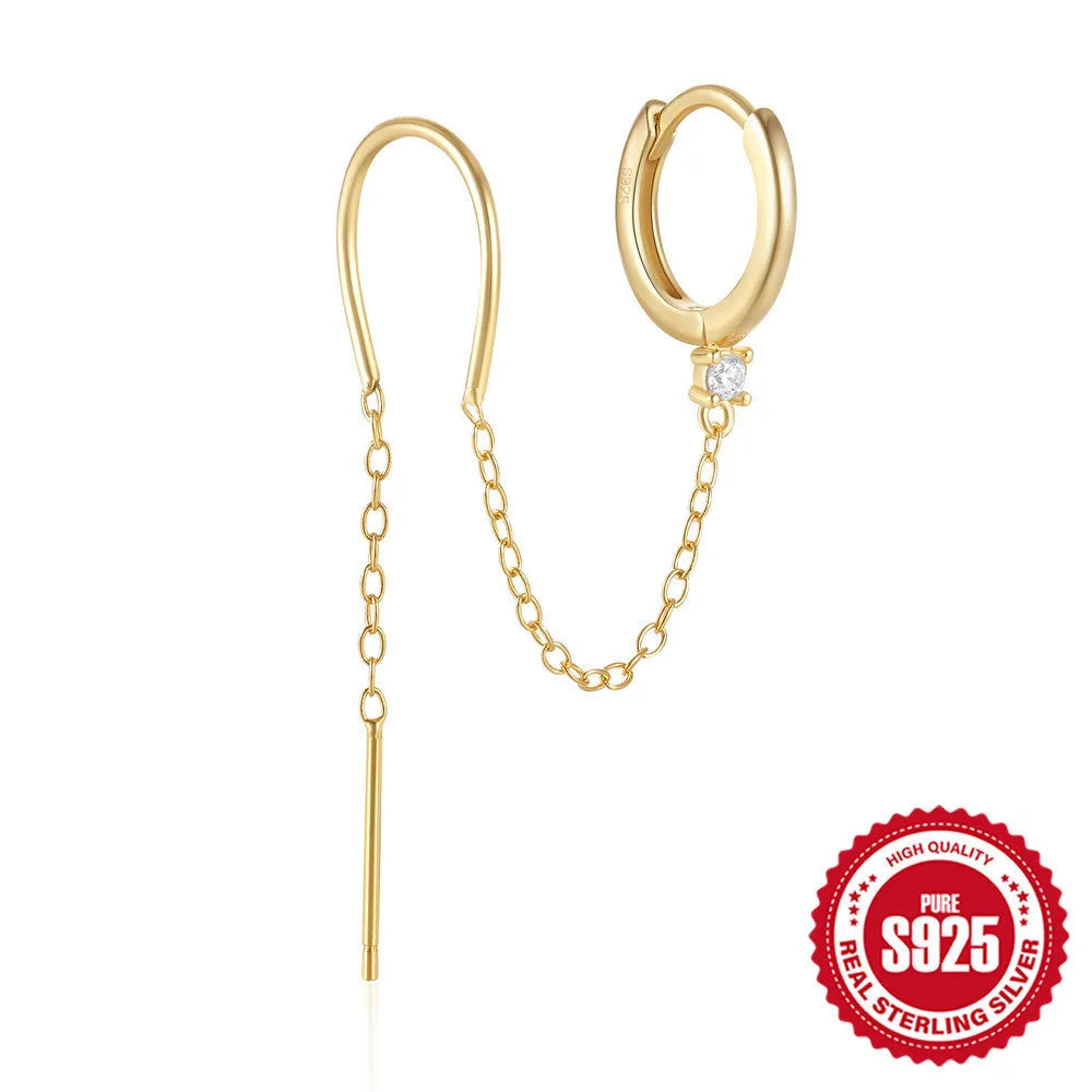 S925 sterling silver geometric ear clip stud earrings with chain, flower and tassel detail in gold electroplated finish.