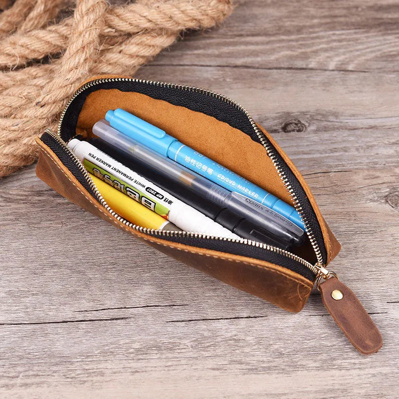 Handmade square leather pencil and glasses case with zipper closure in four colour options