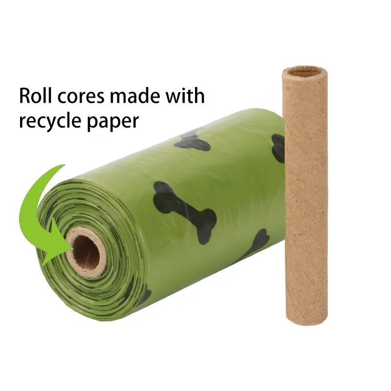 Military green degradable dog poop bags with black bone print pattern, showing roll configuration