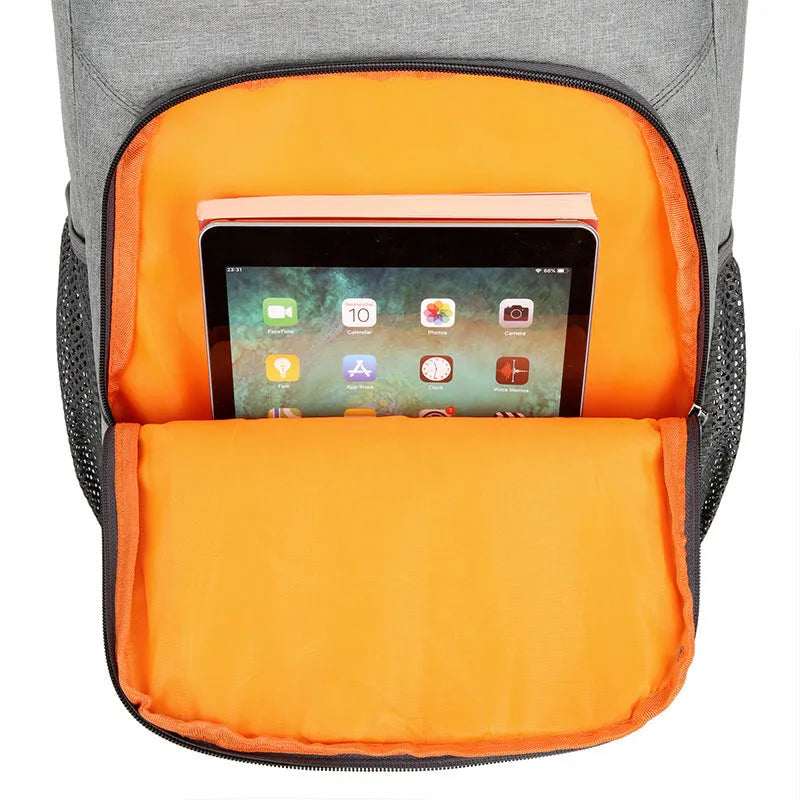 Large black outdoor thermal insulation backpack with curved shoulder straps shown open to reveal compartments