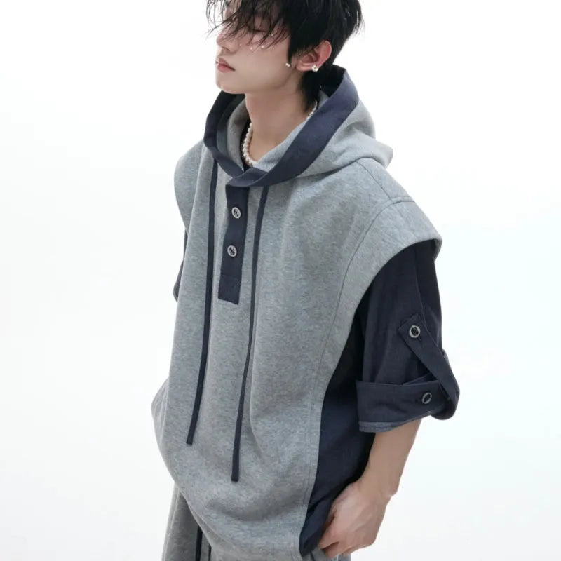 Men's black hooded short sleeve sportswear jacket and trousers set with three-dimensional stitching detail.