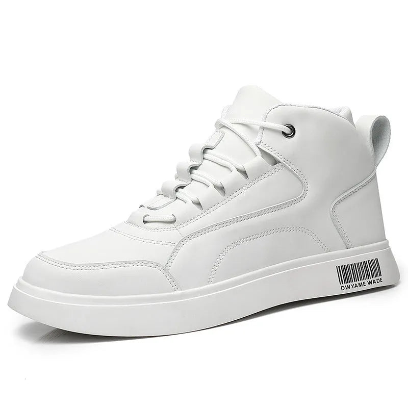 Men's white mid-top casual sports shoes with lace-up front and round toe.