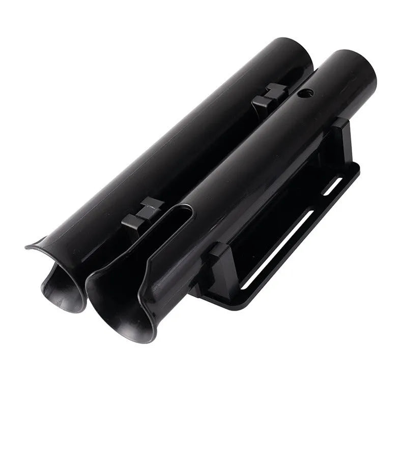 Carbon fibre fishing rod rack with double-layer plastic cradle mounted on bicycle handlebars