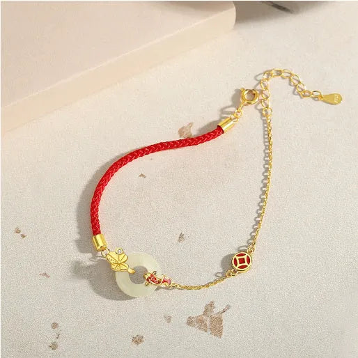Women's gold electroplated 925 silver koi fish peace buckle bracelet with adjustable red rope