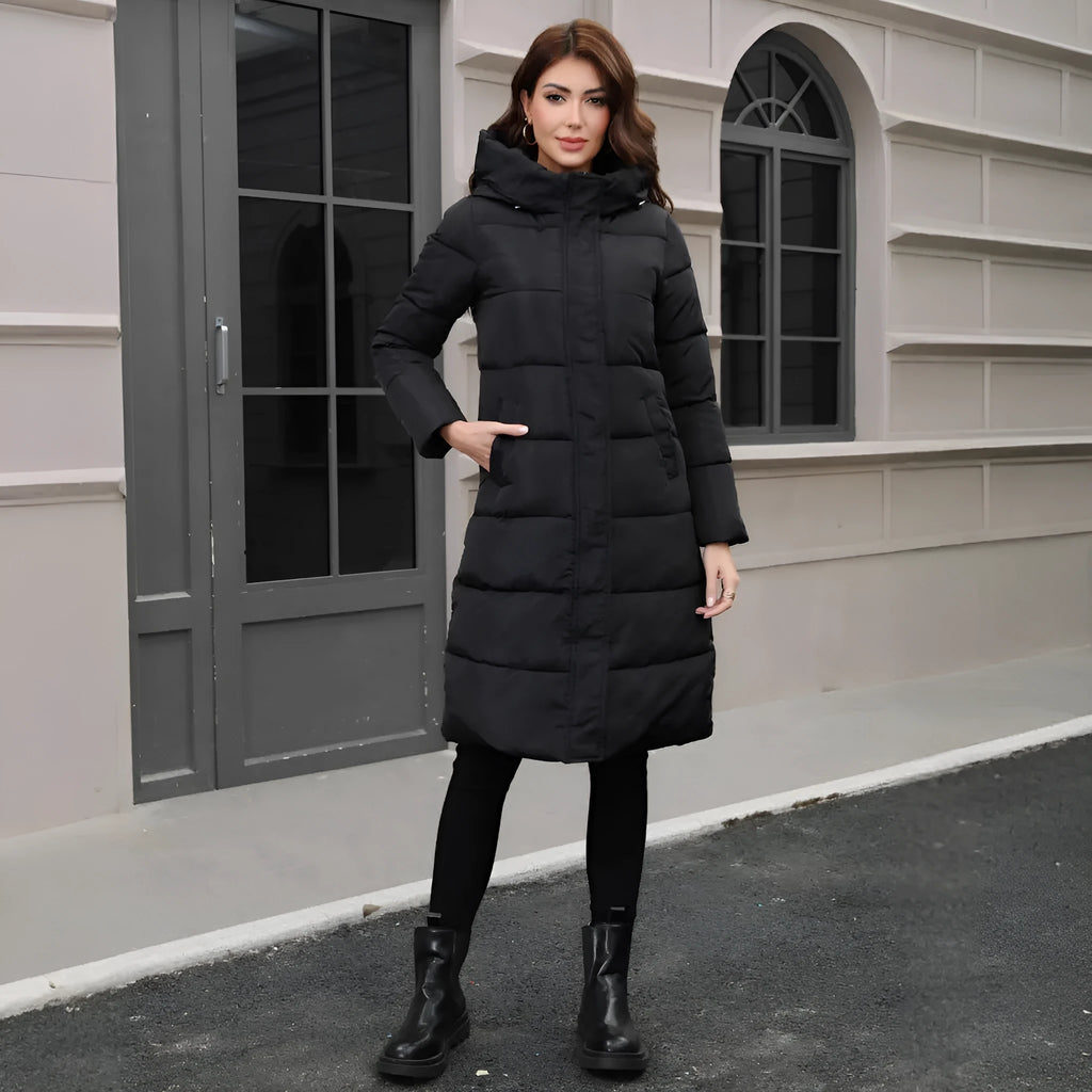 Black slim fit men's hooded jacket with long sleeves and cold-resistant thickened design.