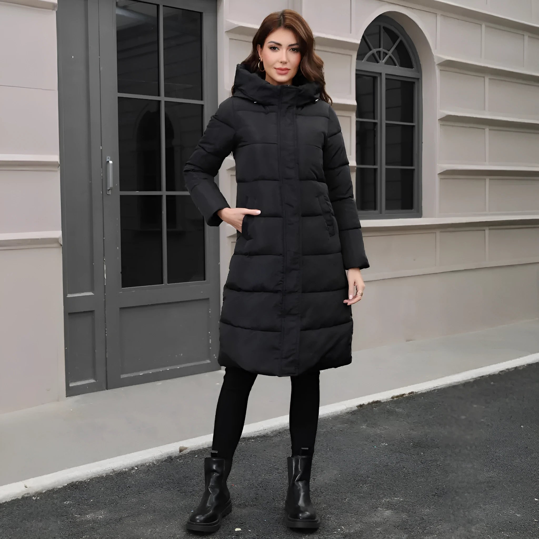 Black slim fit men's hooded jacket with long sleeves and cold-resistant thickened design.